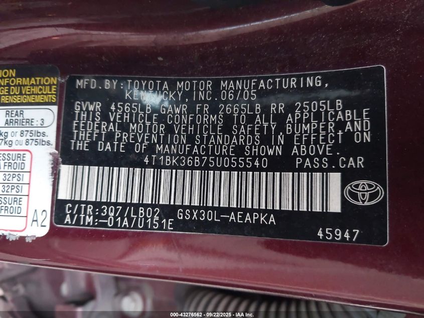 2005 Toyota Avalon Limited VIN: 4T1BK36B75U055540 Lot: 43276562