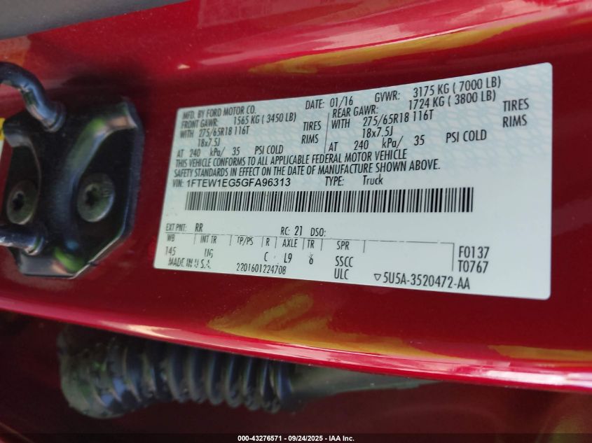 2016 Ford F-150 Xlt VIN: 1FTEW1EG5GFA96313 Lot: 43276571