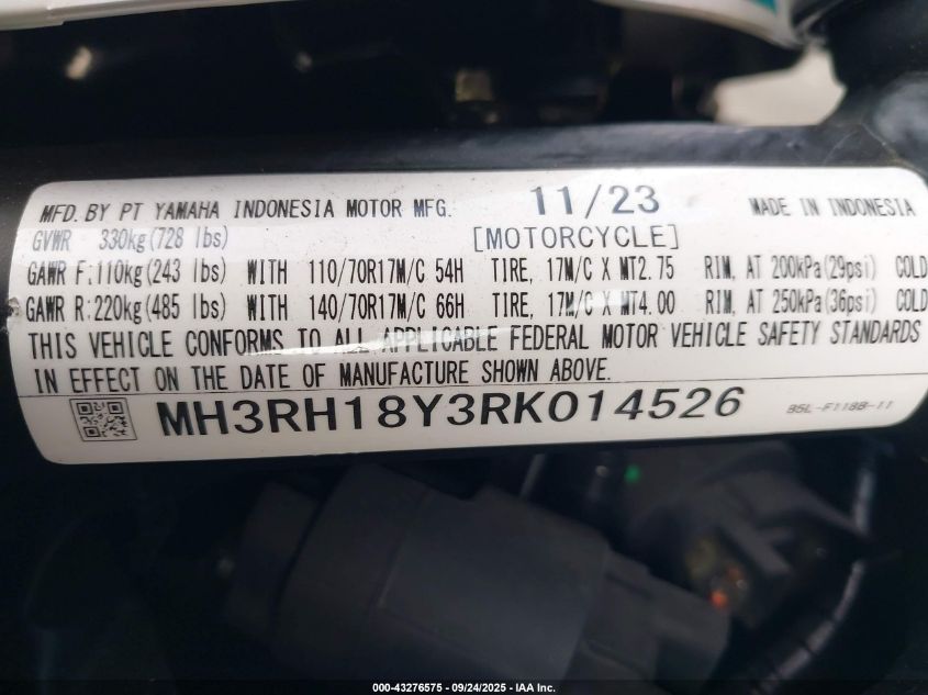 2024 Yamaha Yzfr3 A VIN: MH3RH18Y3RK014526 Lot: 43276575