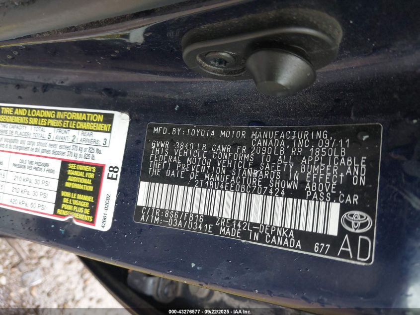 2011 Toyota Corolla Le VIN: 2T1BU4EE0BC707424 Lot: 43276577