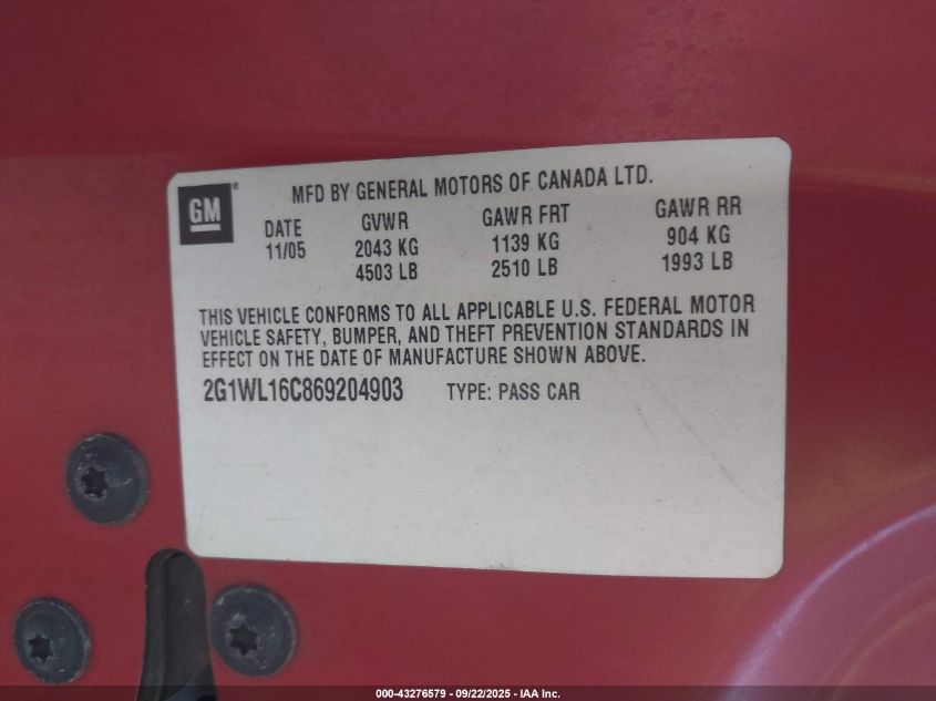 2006 Chevrolet Monte Carlo Ss VIN: 2G1WL16C869204903 Lot: 43276579