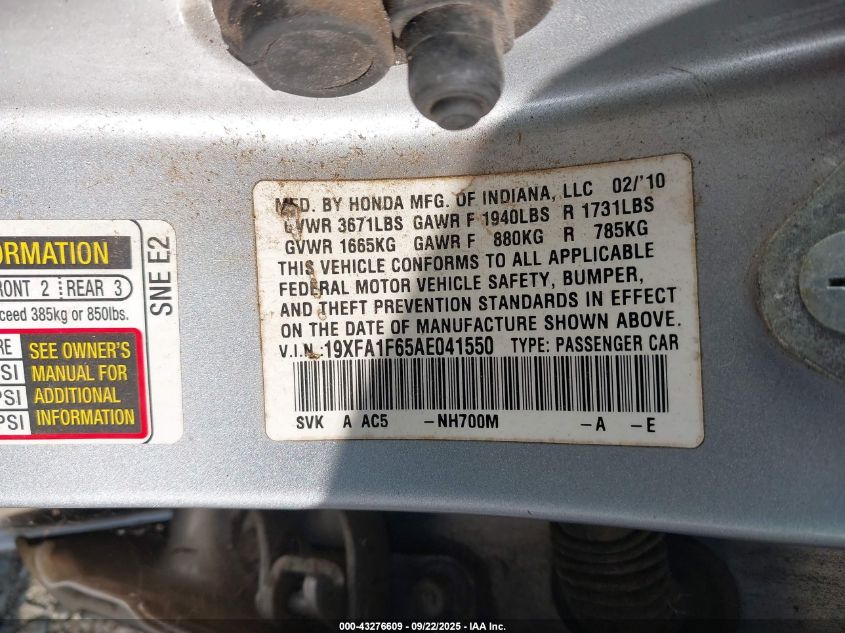 2010 Honda Civic Lx-S VIN: 19XFA1F65AE041550 Lot: 43276609
