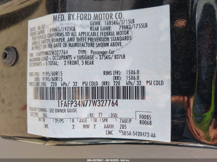 2007 Ford Focus S/Se/Ses VIN: 1FAFP34N77W327764 Lot: 43276621