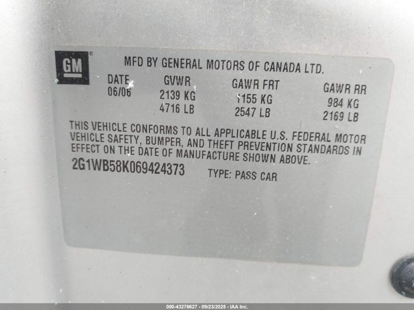 2006 Chevrolet Impala Ls VIN: 2G1WB58K069424373 Lot: 43276627