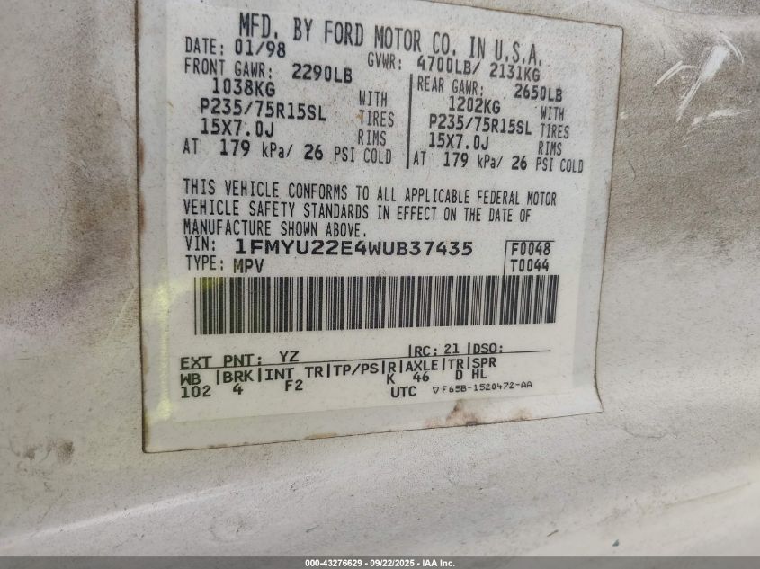 1998 Ford Explorer VIN: 1FMHU22E4WUB37435 Lot: 43276629