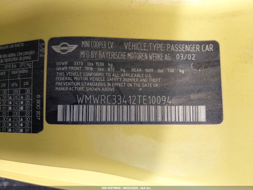 2002 Mini Cooper VIN: WMWRC33412TE10094 Lot: 43276640