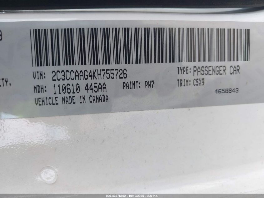 2019 Chrysler 300 Touring VIN: 2C3CCAAG4KH755726 Lot: 43276662