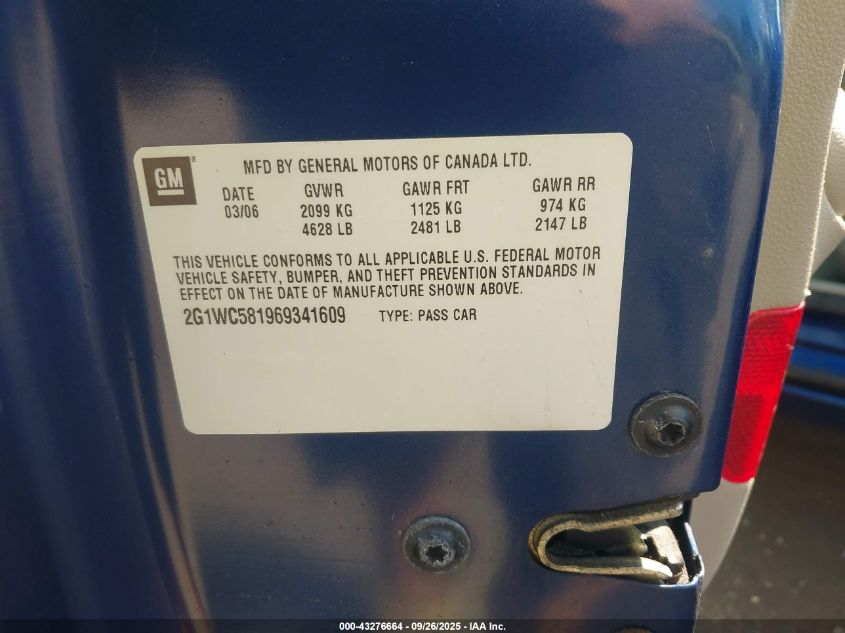 2006 Chevrolet Impala Lt VIN: 2G1WC581969341609 Lot: 43276664