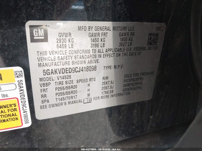 2012 Buick Enclave Premium VIN: 5GAKVDED9CJ418098 Lot: 43276669