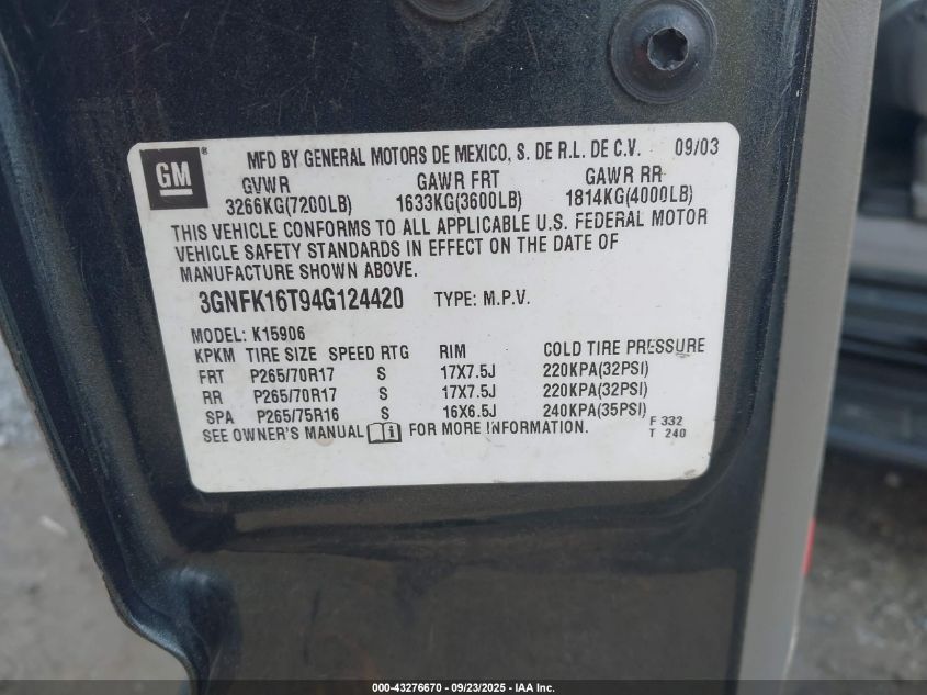 2004 Chevrolet Suburban 1500 Lt VIN: 3GNFK16T94G124420 Lot: 43276670