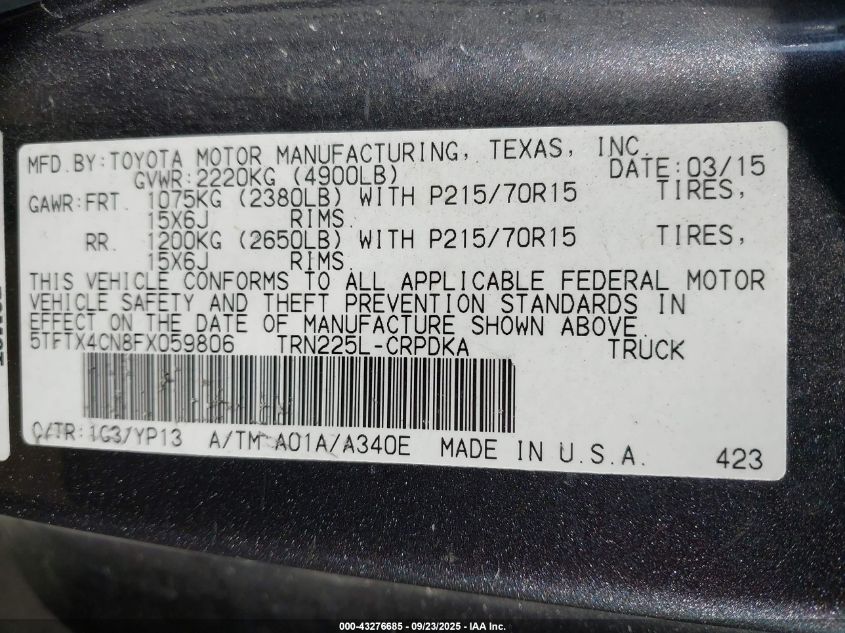 2015 Toyota Tacoma VIN: 5TFTX4CN8FX059806 Lot: 43276685