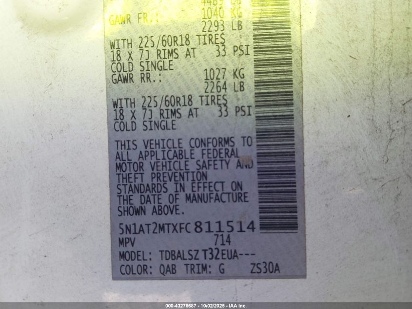 2015 Nissan Rogue Sl VIN: 5N1AT2MTXFC811514 Lot: 43276687