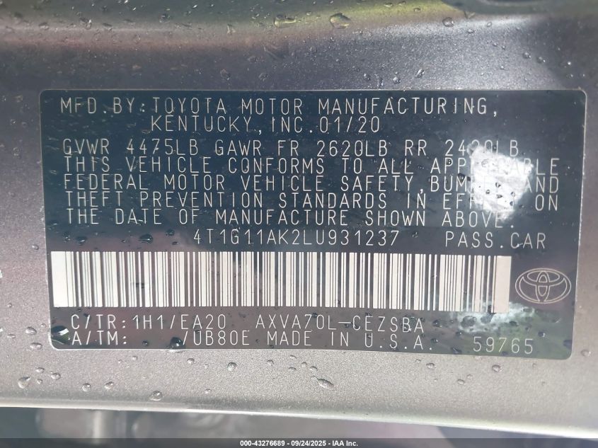 2020 Toyota Camry Se VIN: 4T1G11AK2LU931237 Lot: 43276689