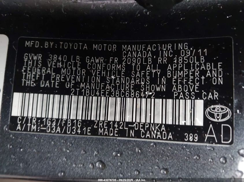 2011 Toyota Corolla Le VIN: 2T1BU4EE3BC686472 Lot: 43276705