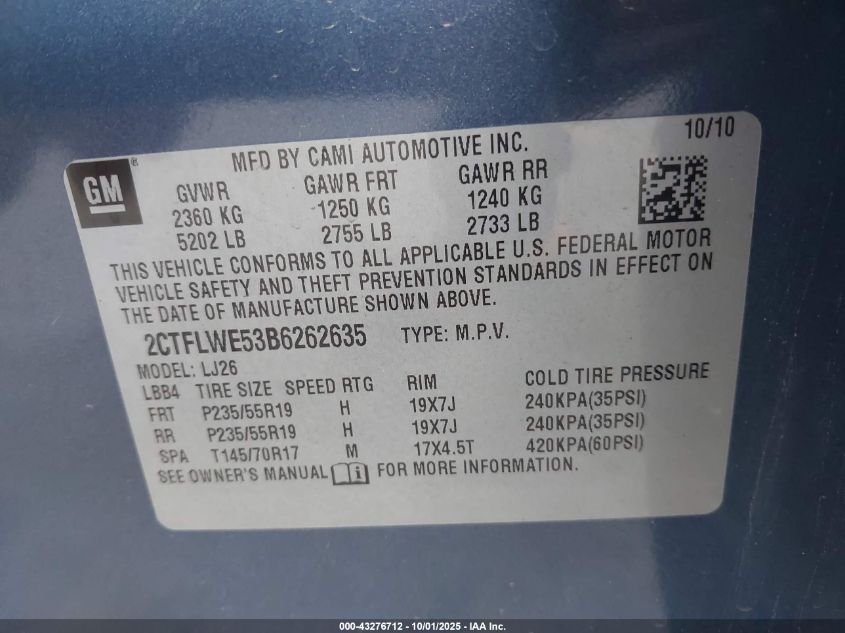 2011 GMC Terrain Slt-2 VIN: 2CTFLWE53B6262635 Lot: 43276712