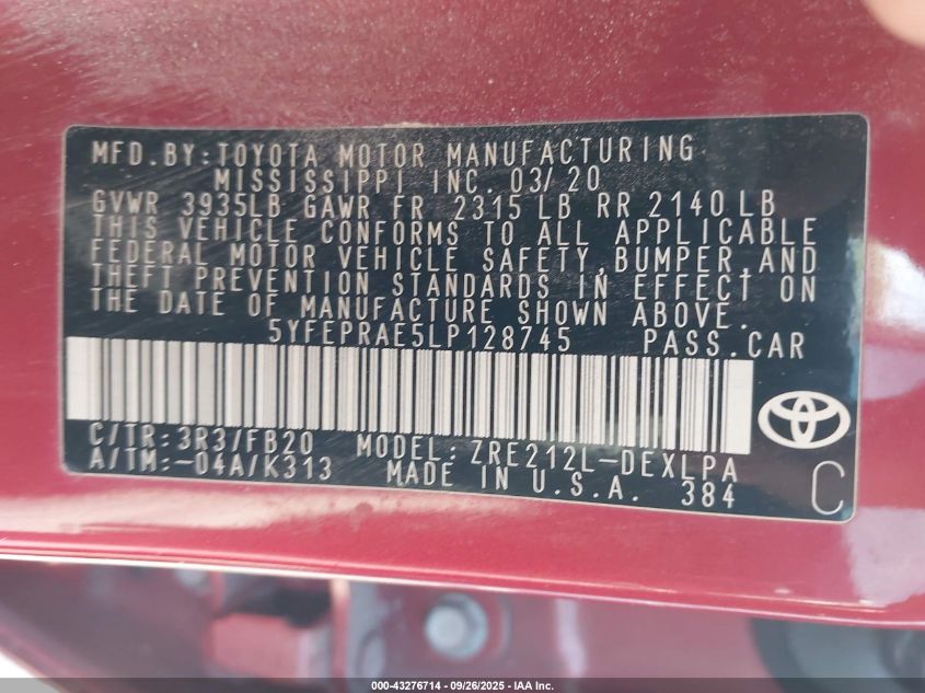 2020 Toyota Corolla Le VIN: 5YFEPRAE5LP128745 Lot: 43276714