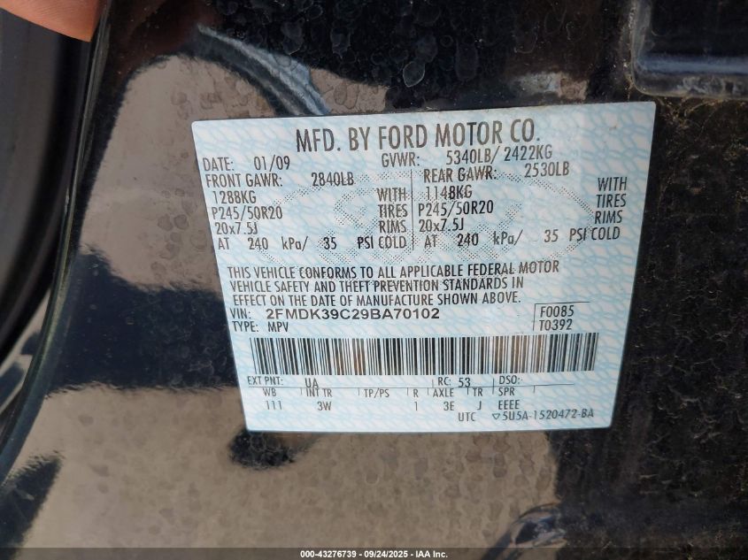 2009 Ford Edge Limited VIN: 2FMDK39C29BA70102 Lot: 43276739