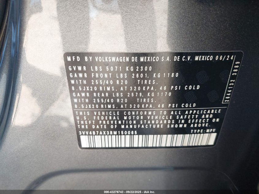 2024 Volkswagen Tiguan 2.0T Sel R-Line VIN: 3VV4B7AX3RM150065 Lot: 43276743
