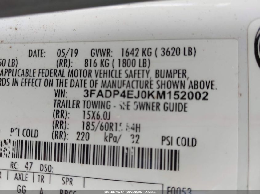 2019 Ford Fiesta Se VIN: 3FADP4EJ0KM152002 Lot: 43276747