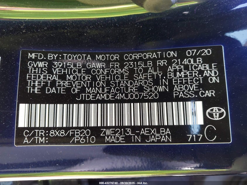 2021 TOYOTA COROLLA HYBRID LE - JTDEAMDE4MJ007520