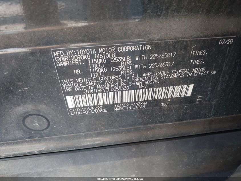 2020 Toyota Rav4 Le VIN: JTMH1RFV0LD059330 Lot: 43276758