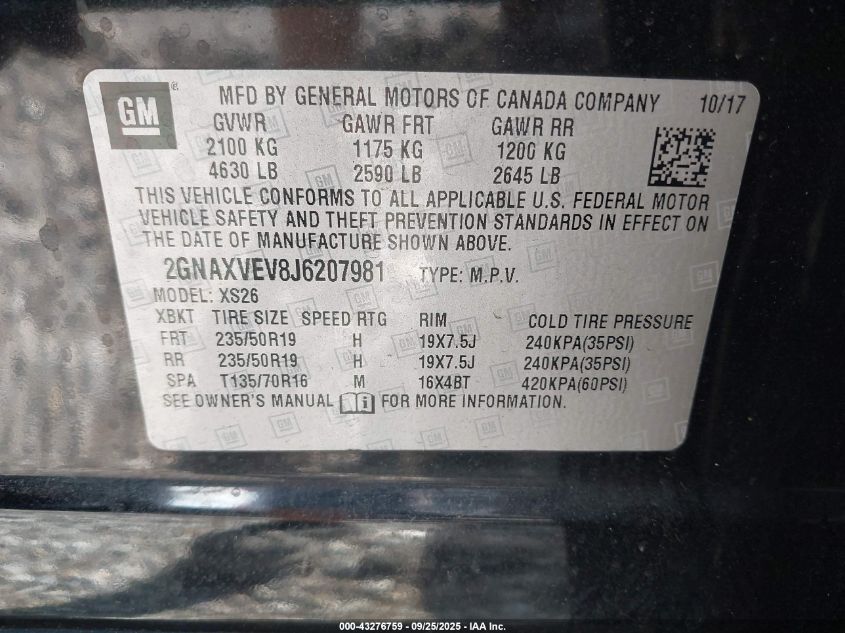 2018 Chevrolet Equinox Premier VIN: 2GNAXVEV8J6207981 Lot: 43276759