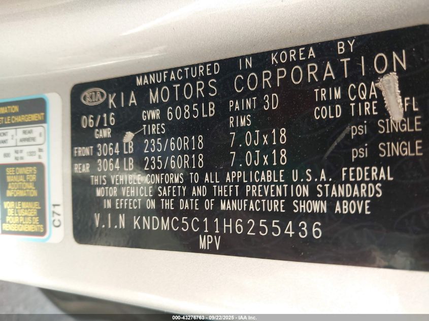 2017 Kia Sedona Ex VIN: KNDMC5C11H6255436 Lot: 43276763