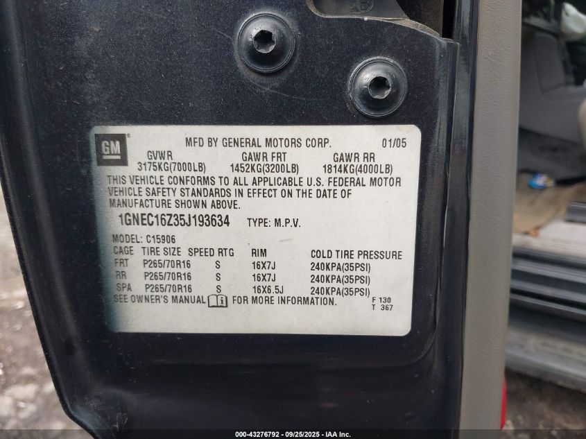 2005 Chevrolet Suburban 1500 Ls VIN: 1GNEC16Z35J193634 Lot: 43276792