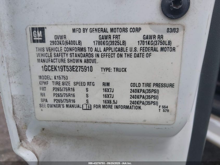 2003 Chevrolet Silverado 1500 Ls VIN: 1GCEK19T53E275910 Lot: 43276793