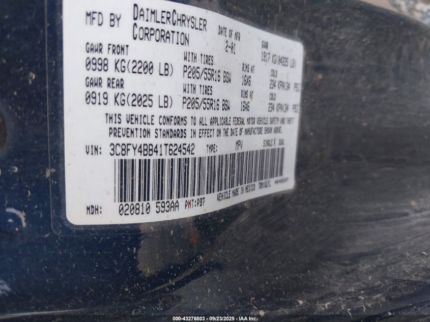 2001 Chrysler Pt Cruiser VIN: 3C8FY4BB41T624542 Lot: 43276803