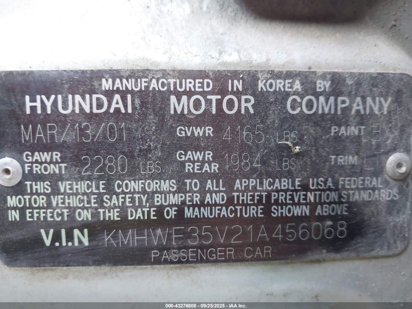 2001 Hyundai Sonata Gls/Gls W/Leather VIN: KMHWF35V21A456068 Lot: 43276808