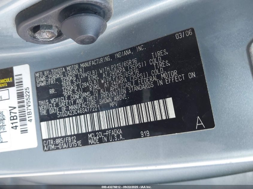 2006 Toyota Sienna Ce VIN: 5TDZA23C46S477221 Lot: 43276812