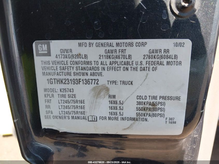2003 GMC Sierra 2500Hd Slt VIN: 1GTHK23193F136772 Lot: 43276820