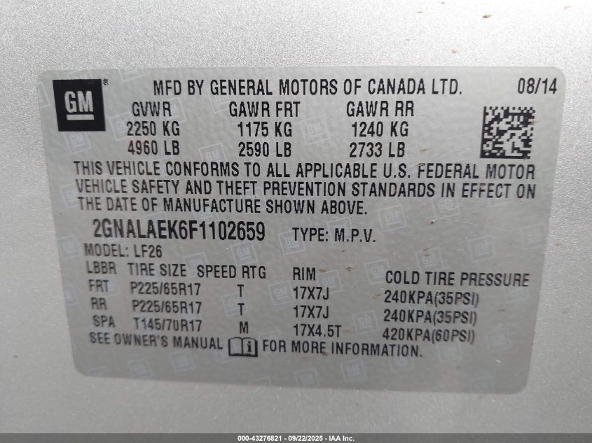 2015 Chevrolet Equinox Ls VIN: 2GNALAEK6F1102659 Lot: 43276821