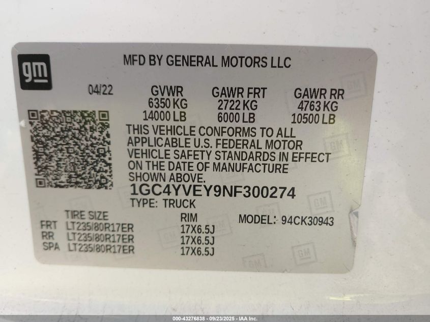 2022 Chevrolet Silverado 3500Hd 4Wd Long Bed High Country VIN: 1GC4YVEY9NF300274 Lot: 43276838