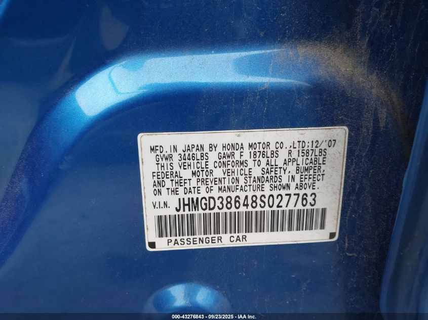 2008 Honda Fit Sport VIN: JHMGD38648S027763 Lot: 43276843