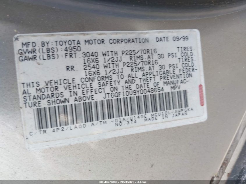 2000 Lexus Rx 300 VIN: JT6GF10U9Y0048654 Lot: 43276839