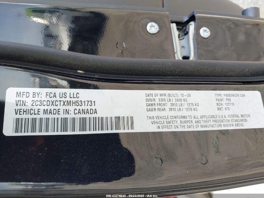 2021 Dodge Charger R/T Rwd VIN: 2C3CDXCTXMH531731 Lot: 43276845