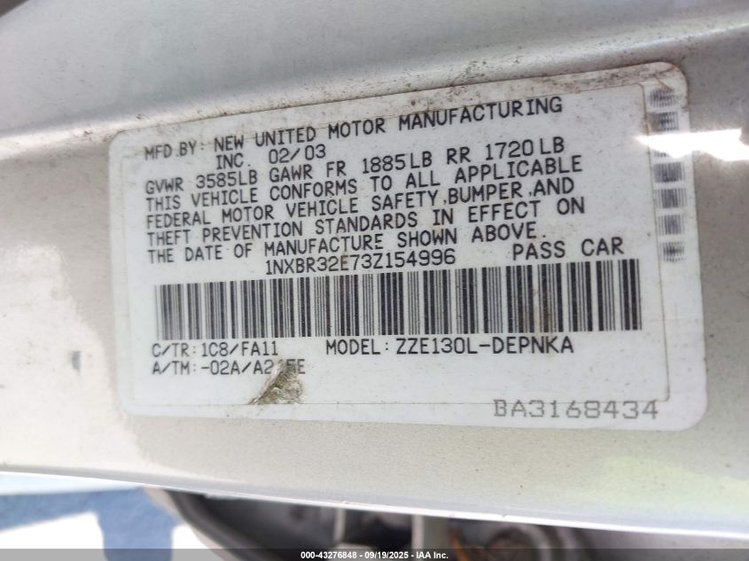 2003 Toyota Corolla Le VIN: 1NXBR32E73Z154996 Lot: 43276848