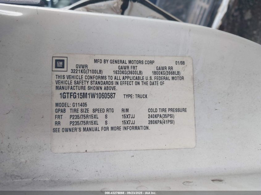 1998 GMC Savana Standard VIN: 1GTFG15M1W1060587 Lot: 43276866