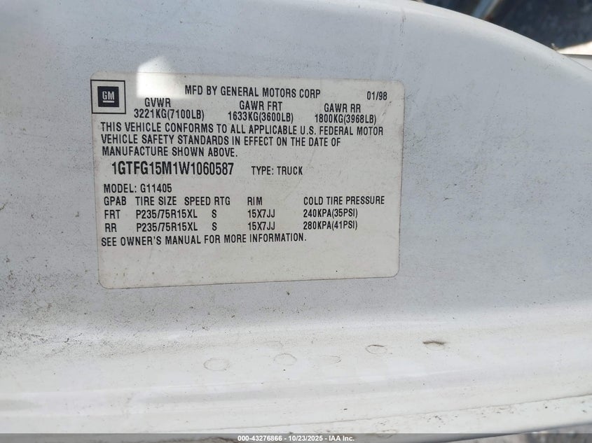 1998 GMC Savana Standard VIN: 1GTFG15M1W1060587 Lot: 43276866