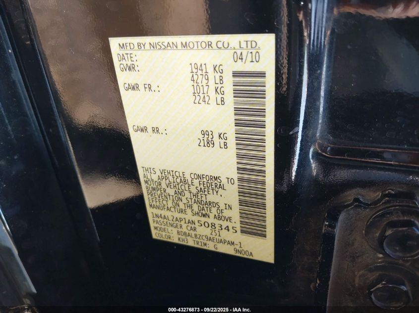 2010 Nissan Altima 2.5 S VIN: 1N4AL2AP1AN508345 Lot: 43276873