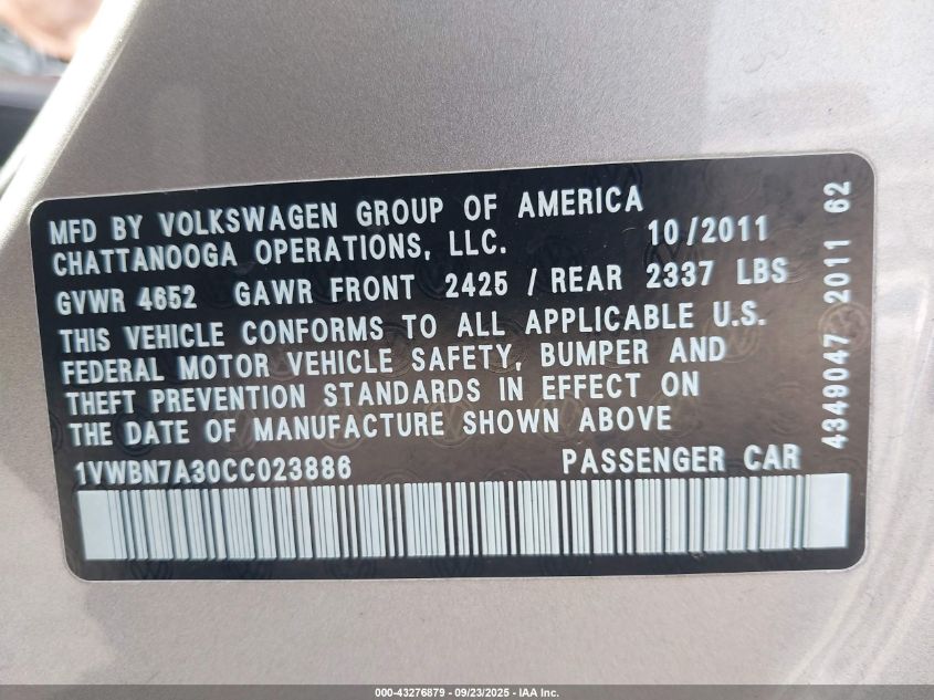 2012 Volkswagen Passat 2.0L Tdi Se VIN: 1VWBN7A30CC023886 Lot: 43276879