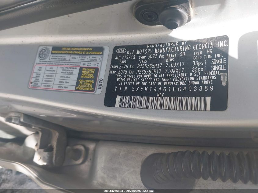 2014 Kia Sorento Lx VIN: 5XYKT4A61EG493389 Lot: 43276893