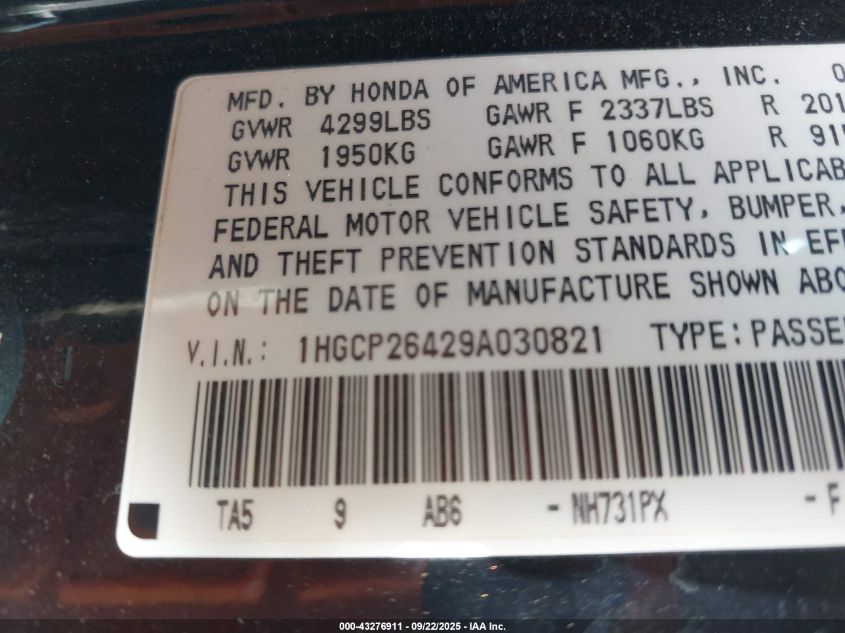 2009 Honda Accord 2.4 Lx-P VIN: 1HGCP26429A030821 Lot: 43276911