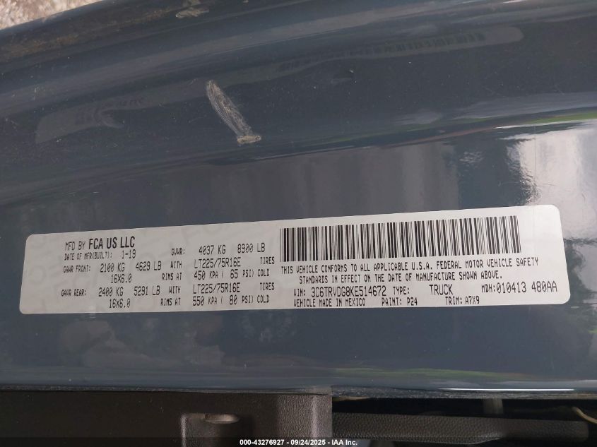 2019 Ram Promaster 2500 High Roof 159 Wb VIN: 3C6TRVDG8KE514672 Lot: 43276927