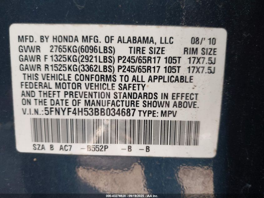 2011 Honda Pilot Ex-L VIN: 5FNYF4H53BB034687 Lot: 43276928