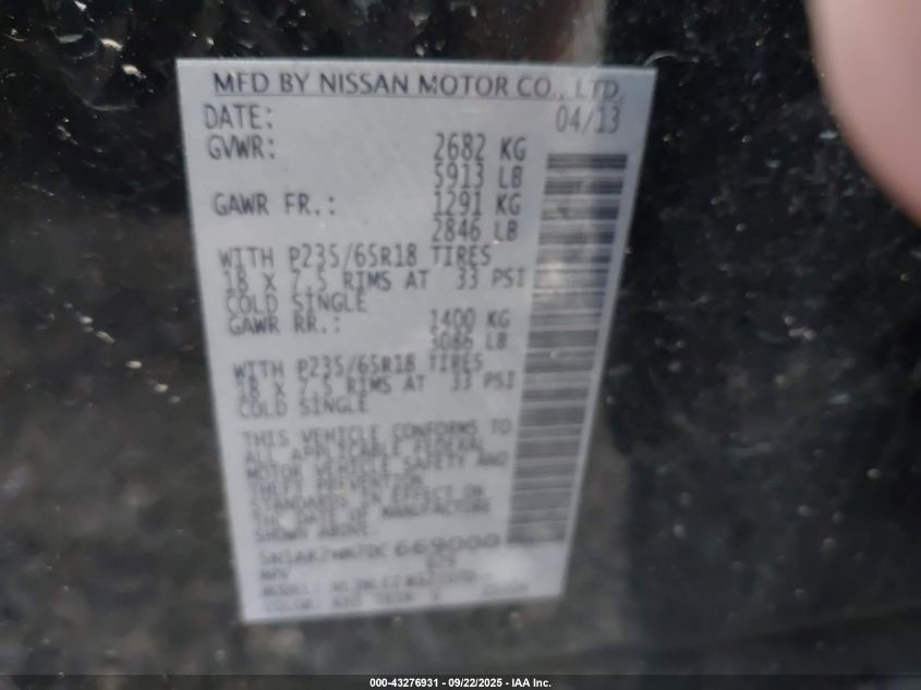 2013 Nissan Pathfinder Sv VIN: 5N1AR2MM7DC669000 Lot: 43276931