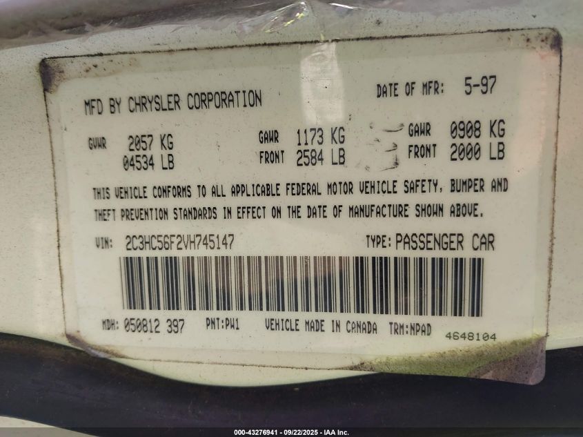 1997 Chrysler Lhs VIN: 2C3HC56F2VH745147 Lot: 43276941