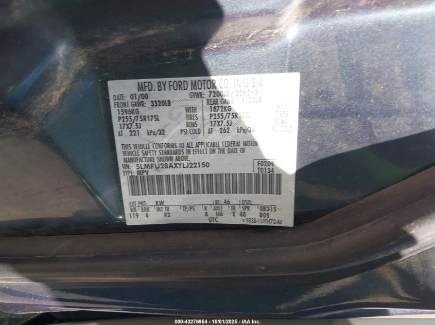 2000 Lincoln Navigator VIN: 5LMFU28AXYLJ22150 Lot: 43276954